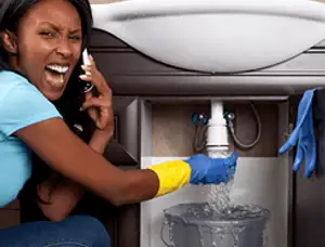 Emergency plumbing repair for a leaking sink drain under a bathroom vanity in Fort Wayne, IN