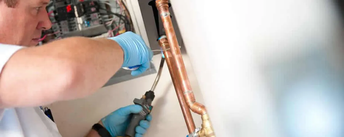 Water heater repair technician testing copper pipe connections and controls in Fort Wayne, IN